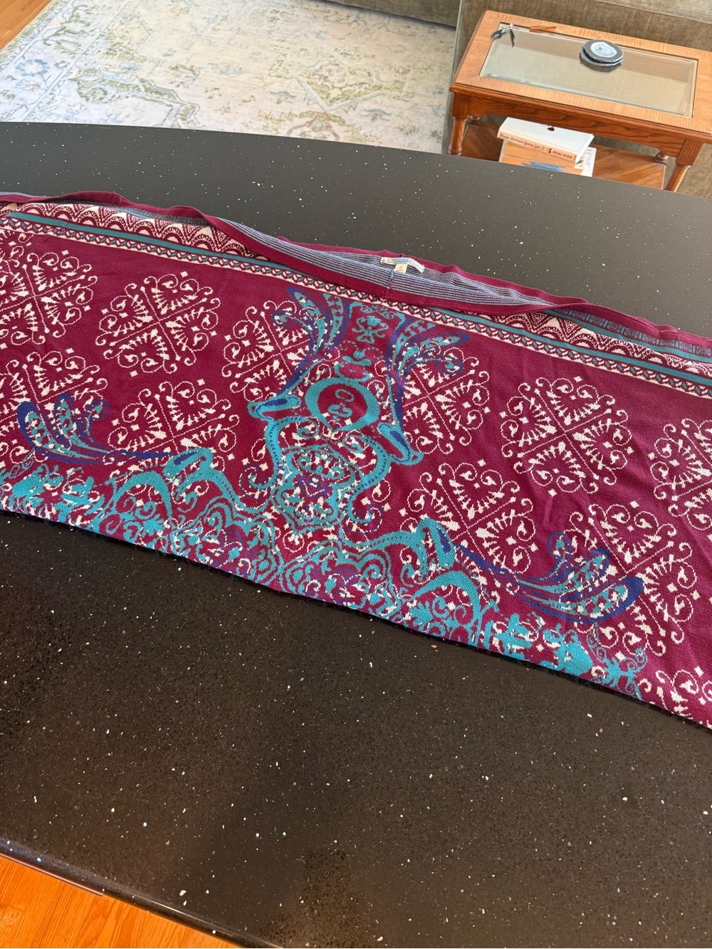 Burgundy Patterned Women's Wrapped Shawl with Teal Accents - Picture 2 of 5